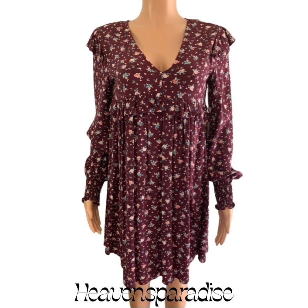Coco and Jaimeson Burgundy Floral Babydoll Dress - Picture 2 of 16